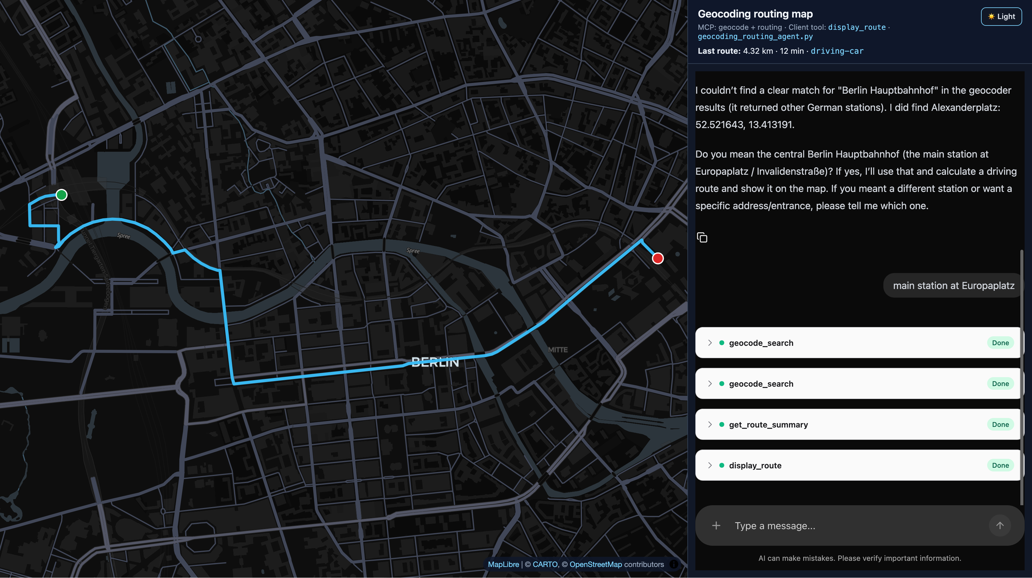 Geocoding and routing map chat