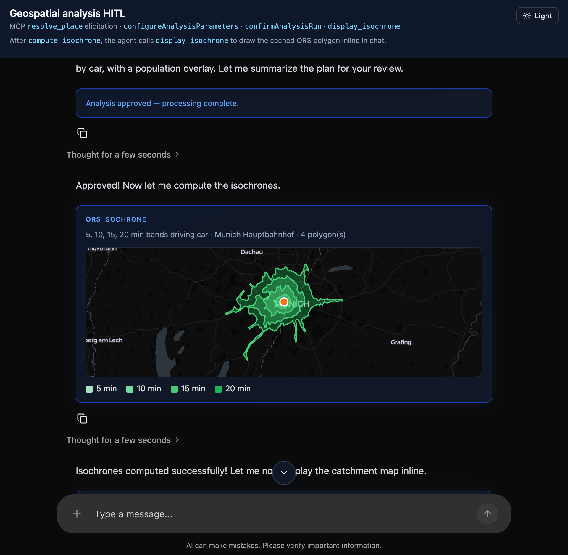 Human-in-the-loop geospatial analysis with isochrone catchments in chat